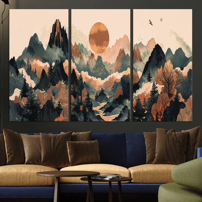Mountain Landscape Wall Art Print - Sunset Hills Canvas Print, featuring an abstract nature scene with earthy tones and misty peaks, perfect for boho and modern decor.