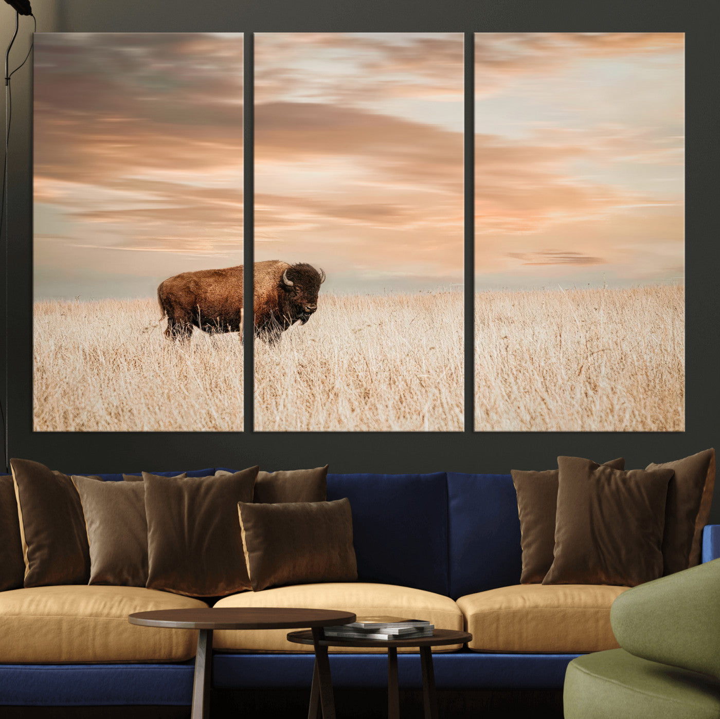 Bison Wall Art Print - Buffalo Canvas Print, featuring a lone bison in a golden prairie under a warm sunset sky, perfect for rustic and farmhouse decor.