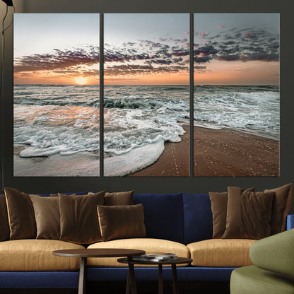 Ocean Sunset Wall Art Print - Beach Waves Canvas Print, featuring a serene seascape with golden sunlight reflecting on gentle waves, perfect for coastal and minimalist decor.