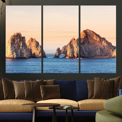 Framed canvas of El Arco rock formation in Cabo San Lucas at golden hour, ideal for coastal landmark or ocean-inspired decor.