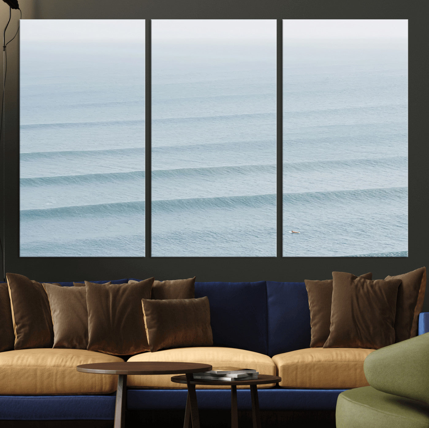 Framed canvas of repeating ocean waves with a distant solo surfer, ideal for minimalist ocean or calm coastal wall decor.