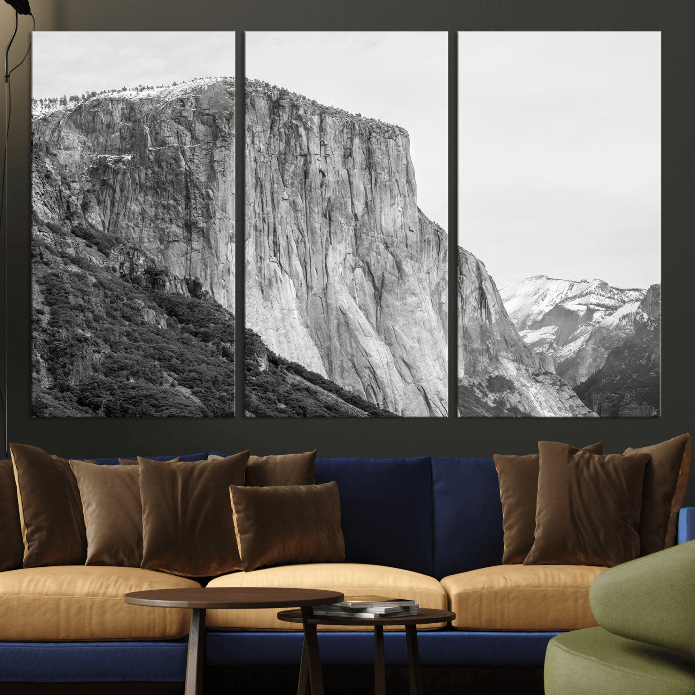 Monochrome canvas of El Capitan’s granite wall in Yosemite with snowy peaks, ideal for dramatic mountain or black-and-white nature decor.