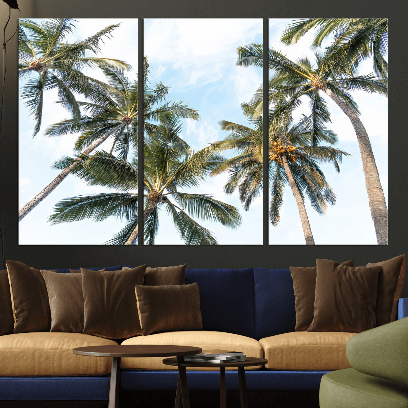 Framed canvas of tall palm trees reaching into a tropical sky, ideal for beach home or relaxed island-inspired wall decor.