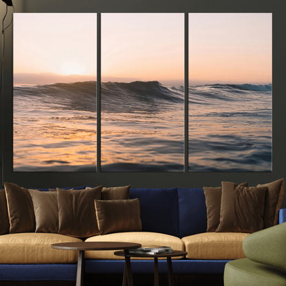 Framed canvas of ocean waves glowing in sunset light, ideal for golden hour calm or peaceful coastal-inspired wall decor.