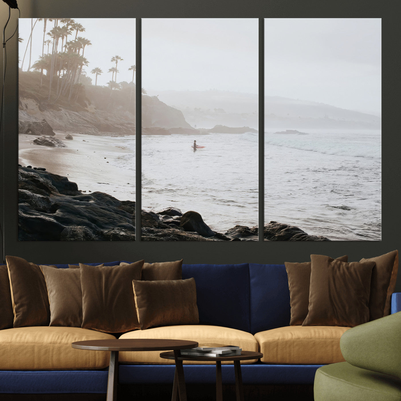 Framed canvas of a surfer in misty coastal tones at a foggy California beach, ideal for minimalist coastal beach or serene ocean-themed decor.
