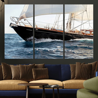 Close-up of a classic sailing yacht with wooden deck and full sails, perfect for nautical or coastal-style decor in ocean-themed spaces.