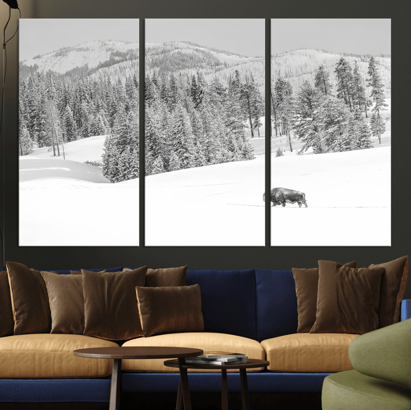 Snowy bison walking through white forest landscape, ideal for monochrome winter or wilderness-style interior wall decoration.