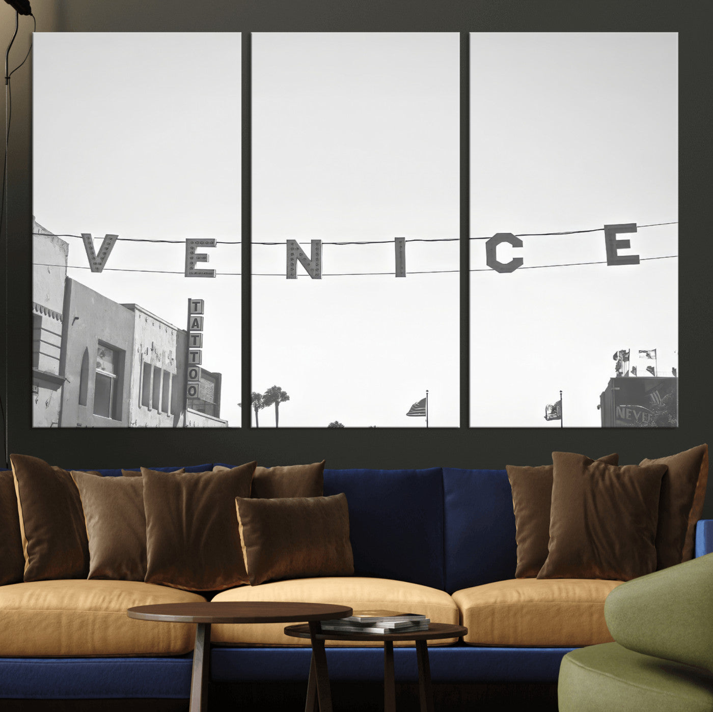 Black and white photo of Venice Beach sign and palm-lined street, perfect for urban coastal or minimalist LA-inspired wall decoration.