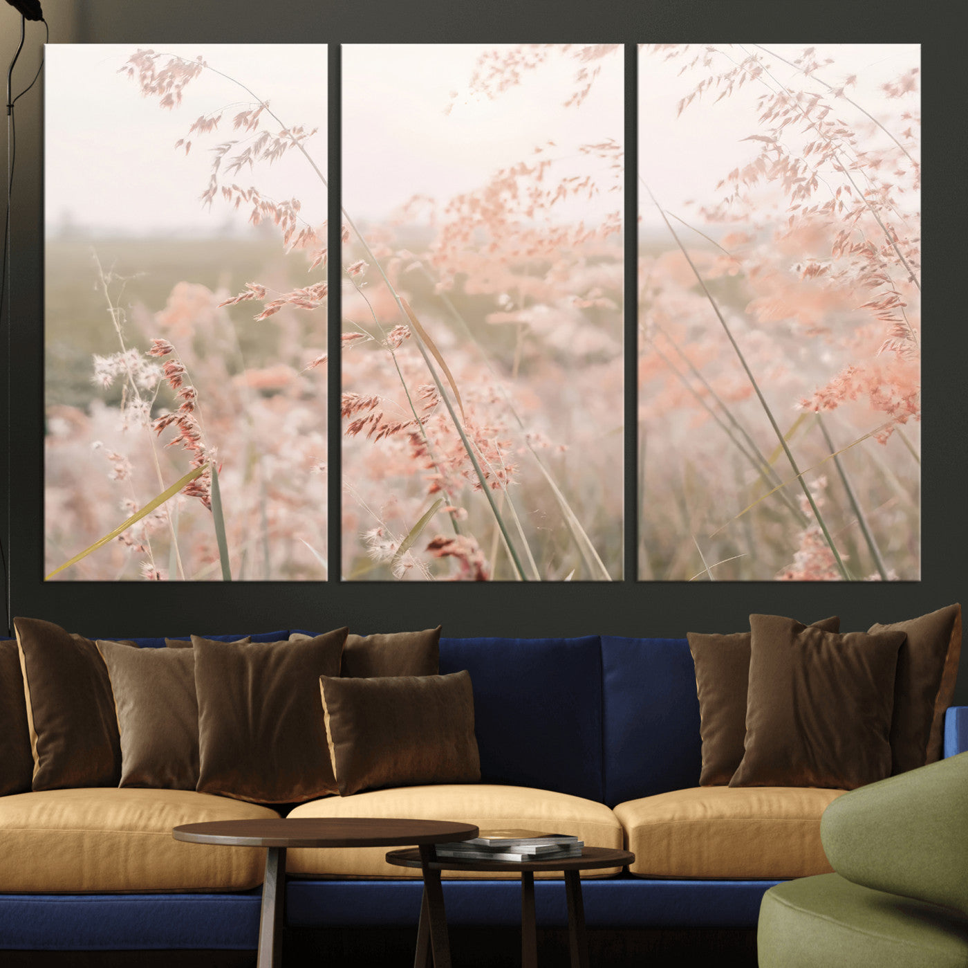 Soft pastel field with wild grasses in warm light, ideal for minimal nature or airy countryside-inspired interior wall decoration.