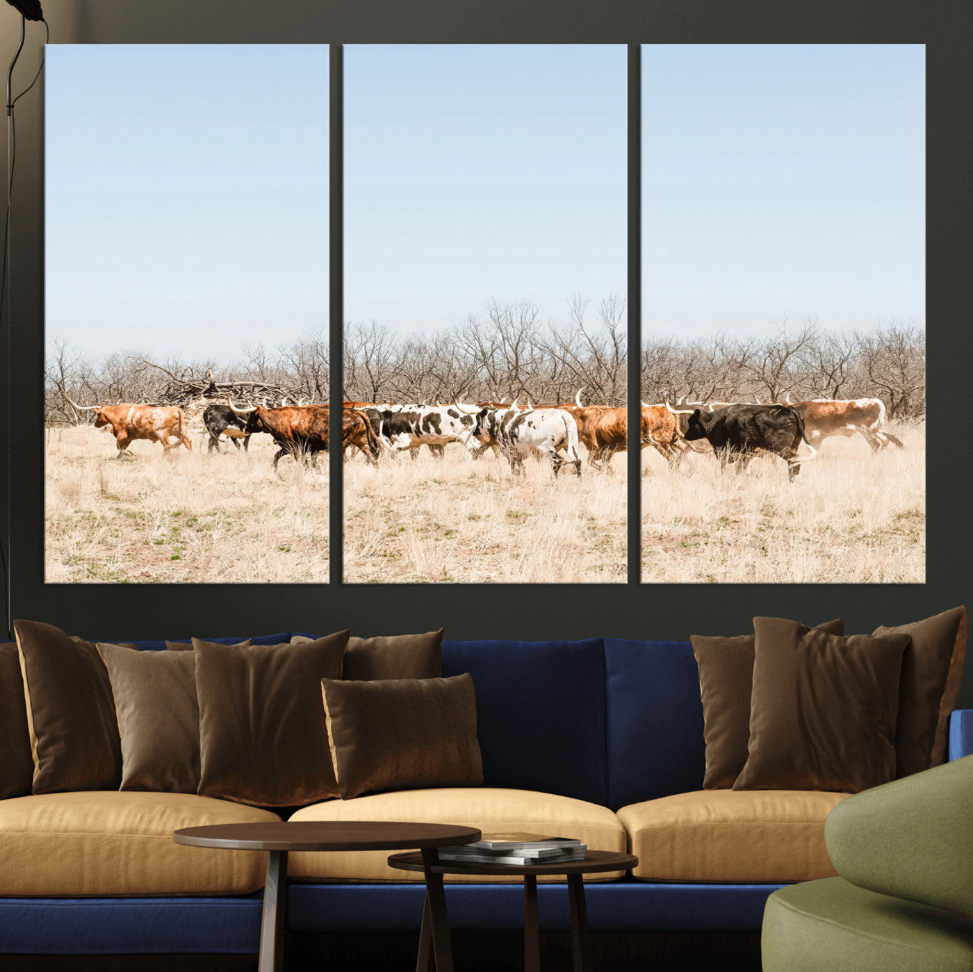 Framed wall art of Texas longhorn cattle walking through a dry, neutral-toned prairie, perfect for rustic farmhouse or western-themed home decor.