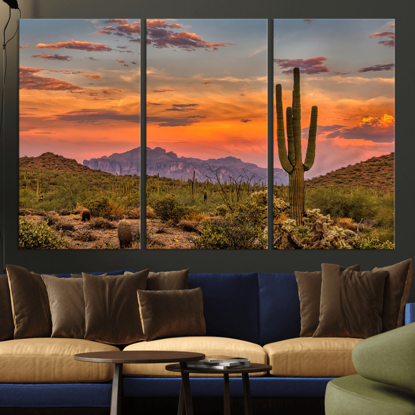 Vibrant desert sunset with saguaro cacti and distant mountains, perfect for Southwestern or warm-toned home decor.