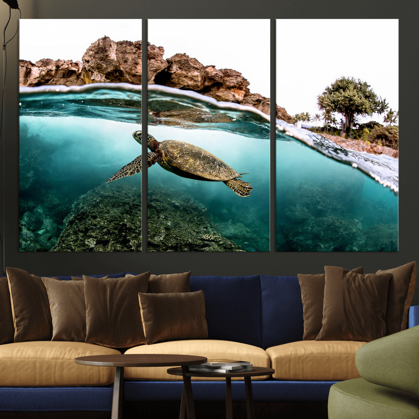 Dynamic split-view photo of a sea turtle swimming near rocky shores, perfect for vibrant coastal or tropical beach home decor.