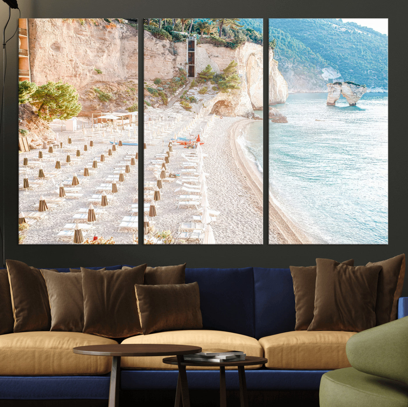 Wall art of a calm Mediterranean beach with rows of sun loungers and umbrellas in soft pastel tones, perfect for light coastal or vacation-themed decor.