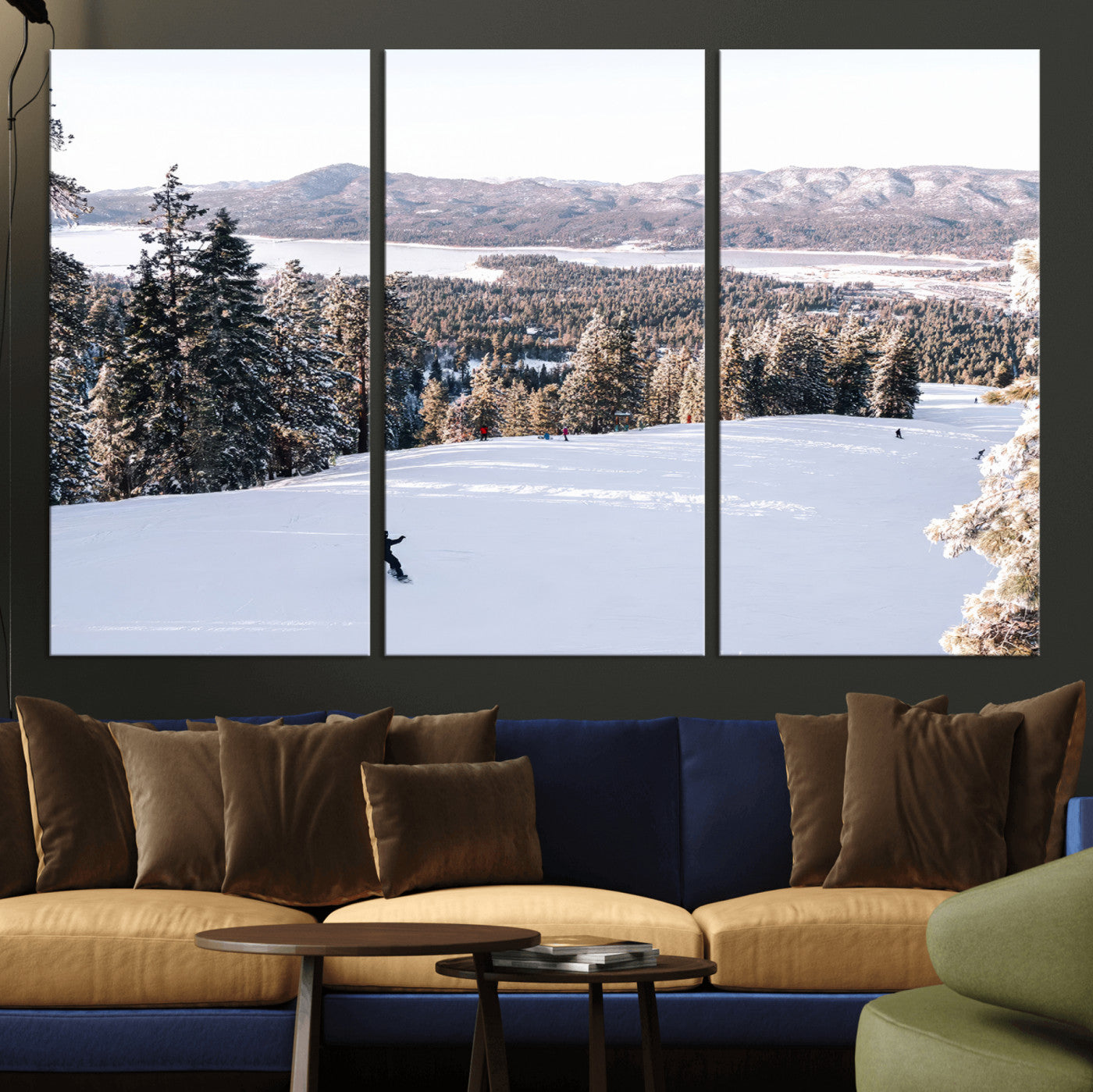 Canvas of a snowy mountain ski slope with pine trees and bright winter light, ideal for modern rustic or alpine-inspired home decor.