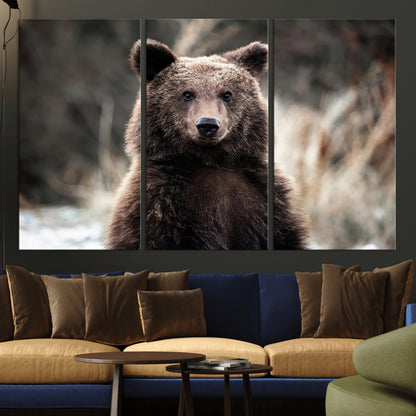Canvas of a brown bear in soft earthy tones and moody forest light, ideal for rustic cabin or woodland nature-themed home decor.