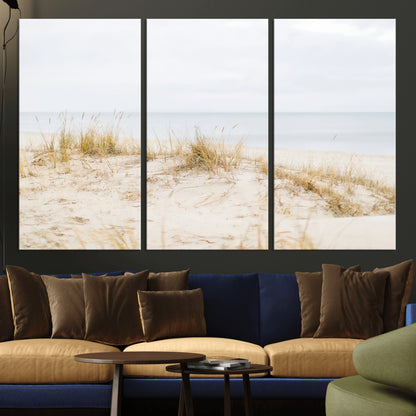 Canvas of soft beach dunes and coastal grasses in neutral tones, perfect for Scandinavian coastal or minimalist nature-inspired home decor.   2/2
