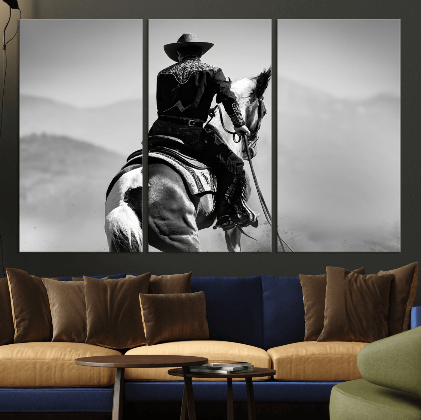 Black and white canvas of a cowboy on horseback with moody tones, perfect for rustic western or country-inspired home decor.