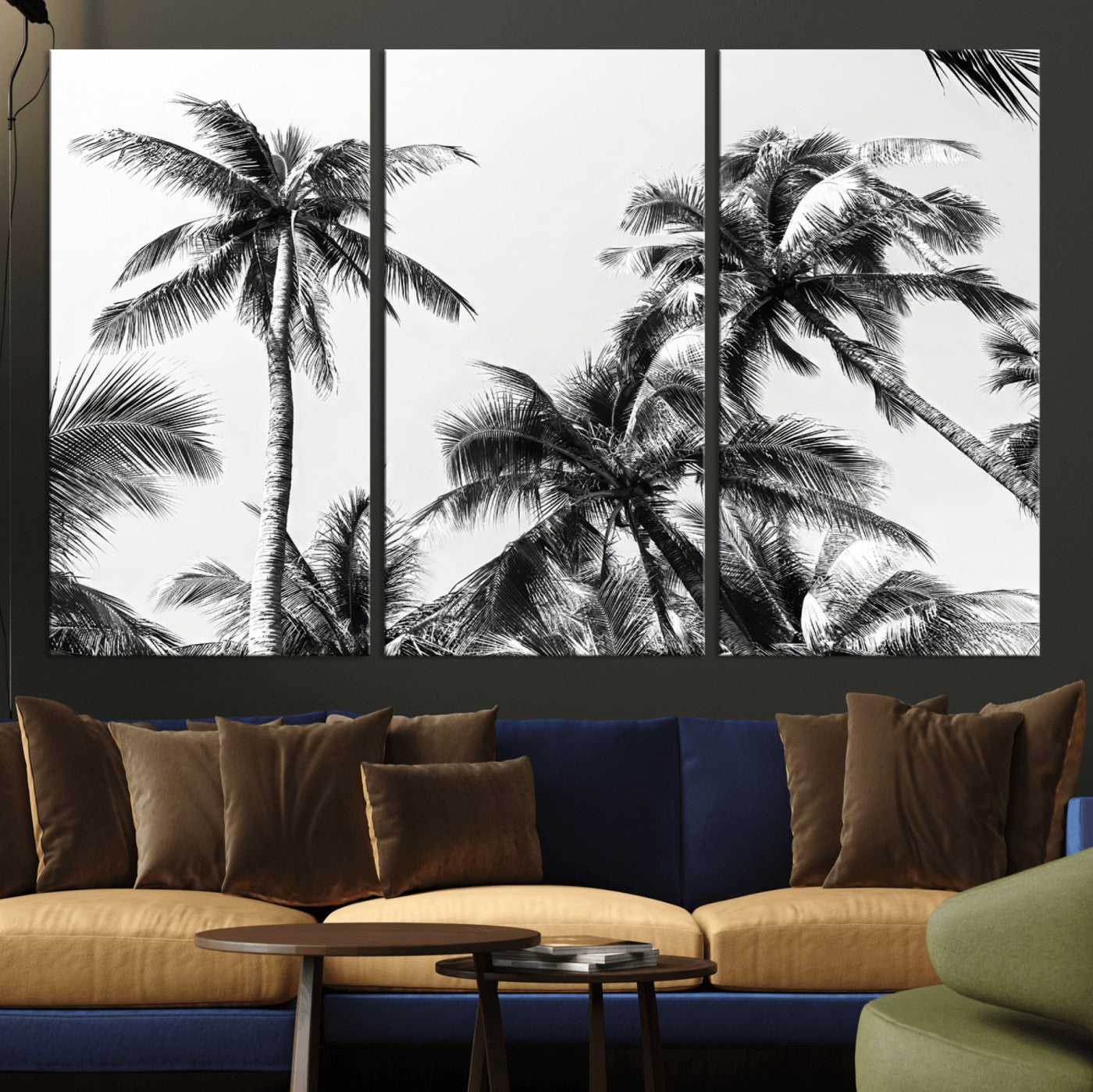 Black and white canvas of tall palm trees in moody tones, perfect for modern tropical minimalist or coastal-style home decor.