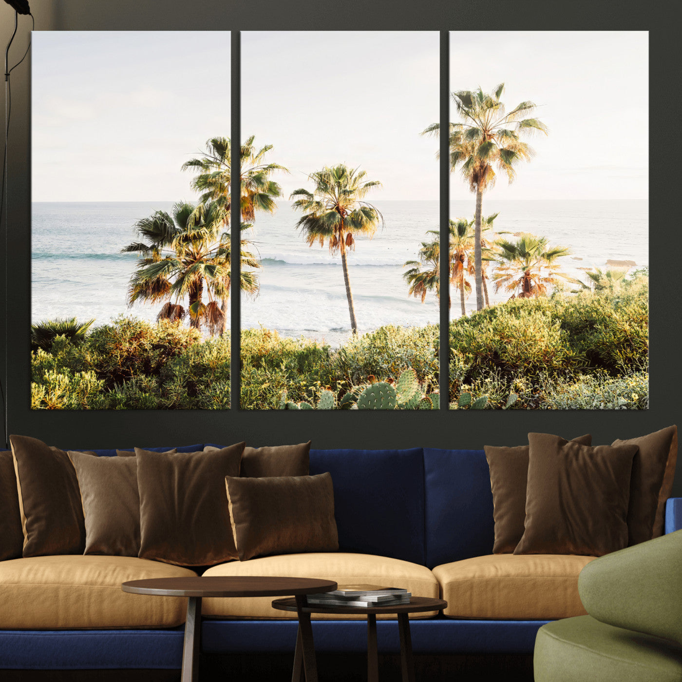 Framed print of sunlit palm trees on the California coast with warm tones, perfect for coastal minimalist or beach-style home decor.