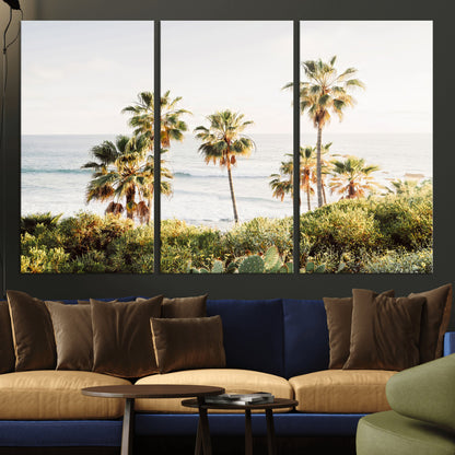 Framed print of sunlit palm trees on the California coast with warm tones, perfect for coastal minimalist or beach-style home decor.