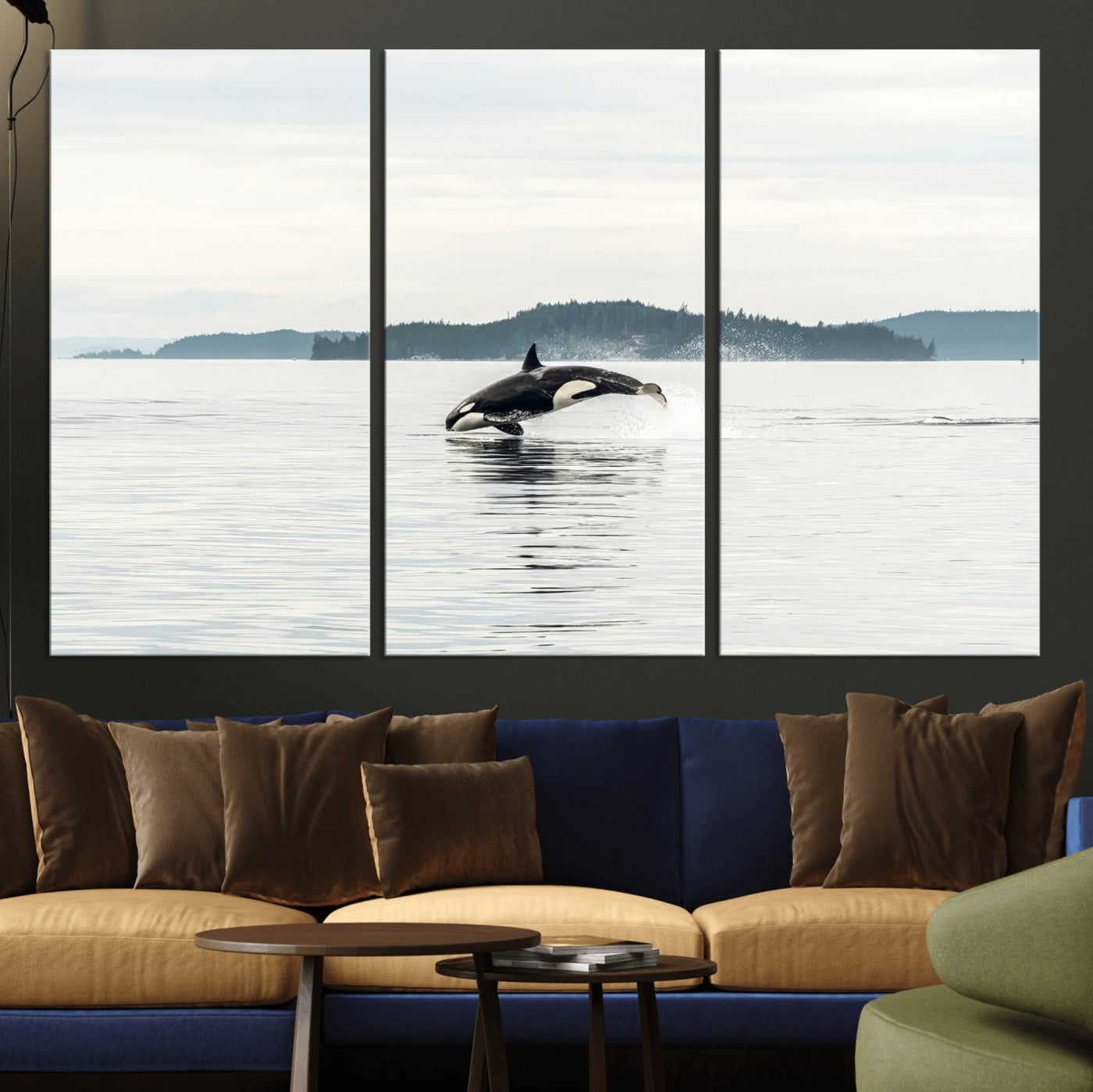 An orca jumping out of calm ocean waters with a misty island in the background, creating a serene and minimalist marine wildlife scene.