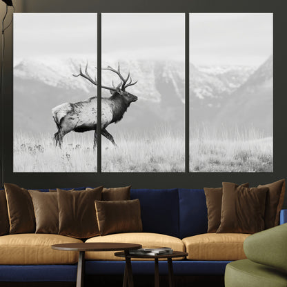 Black and white photograph of a majestic elk standing in a grassy field with snow-capped mountains in the background, creating a bold and rustic wilderness scene.