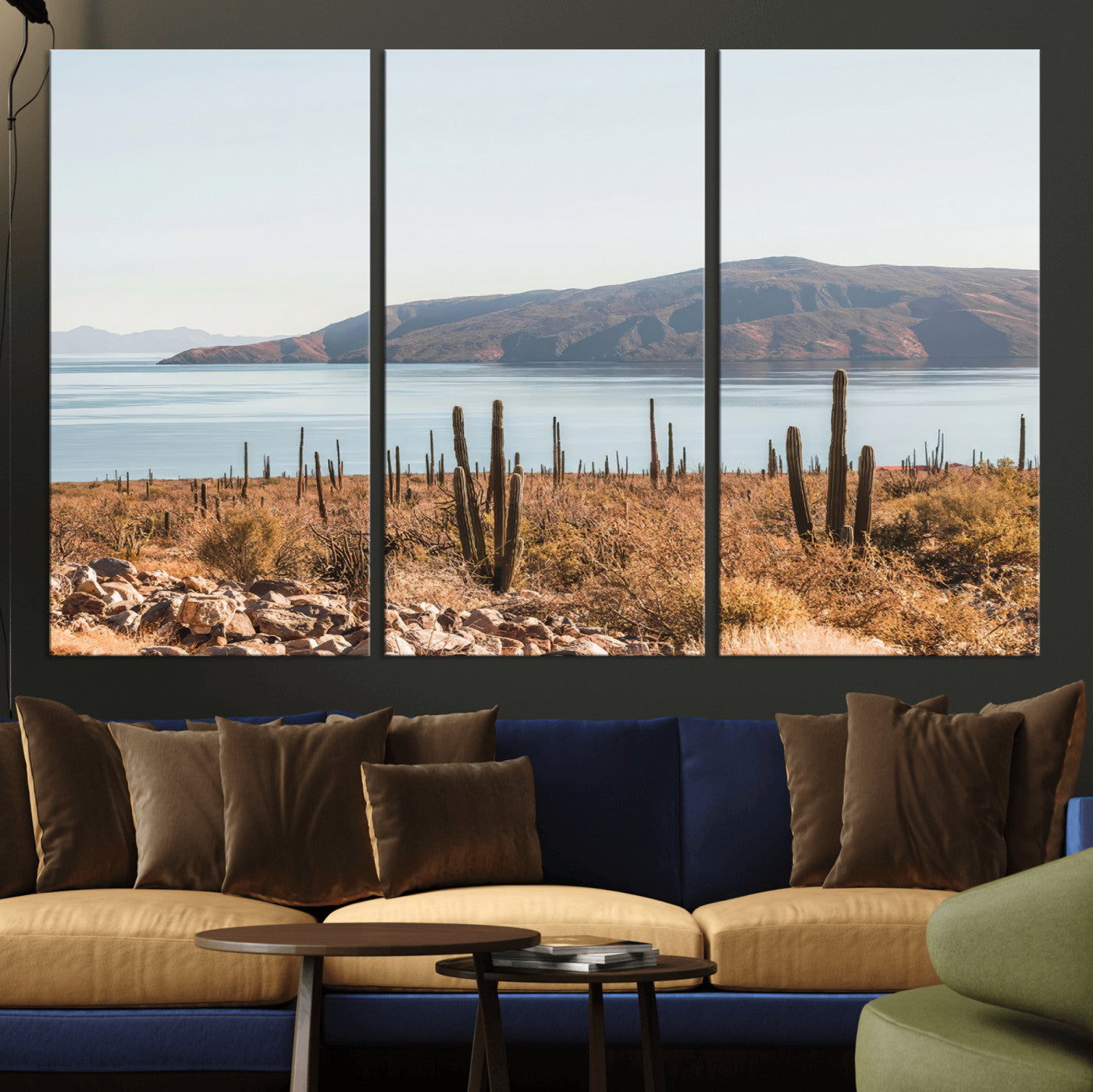 Warm desert landscape with cacti and coastal mountains, perfect for southwestern or earthy calm-themed home wall decor.