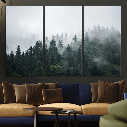 A misty evergreen forest shrouded in soft fog, creating a tranquil and moody landscape with lush green trees fading into the distance.