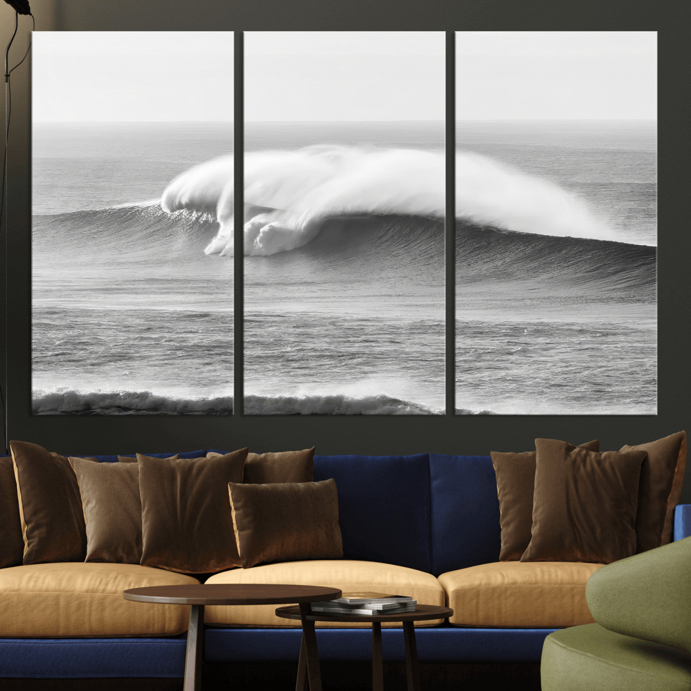 A dramatic black and white ocean wave crashing with immense force, capturing the raw power and movement of the sea in a bold seascape.