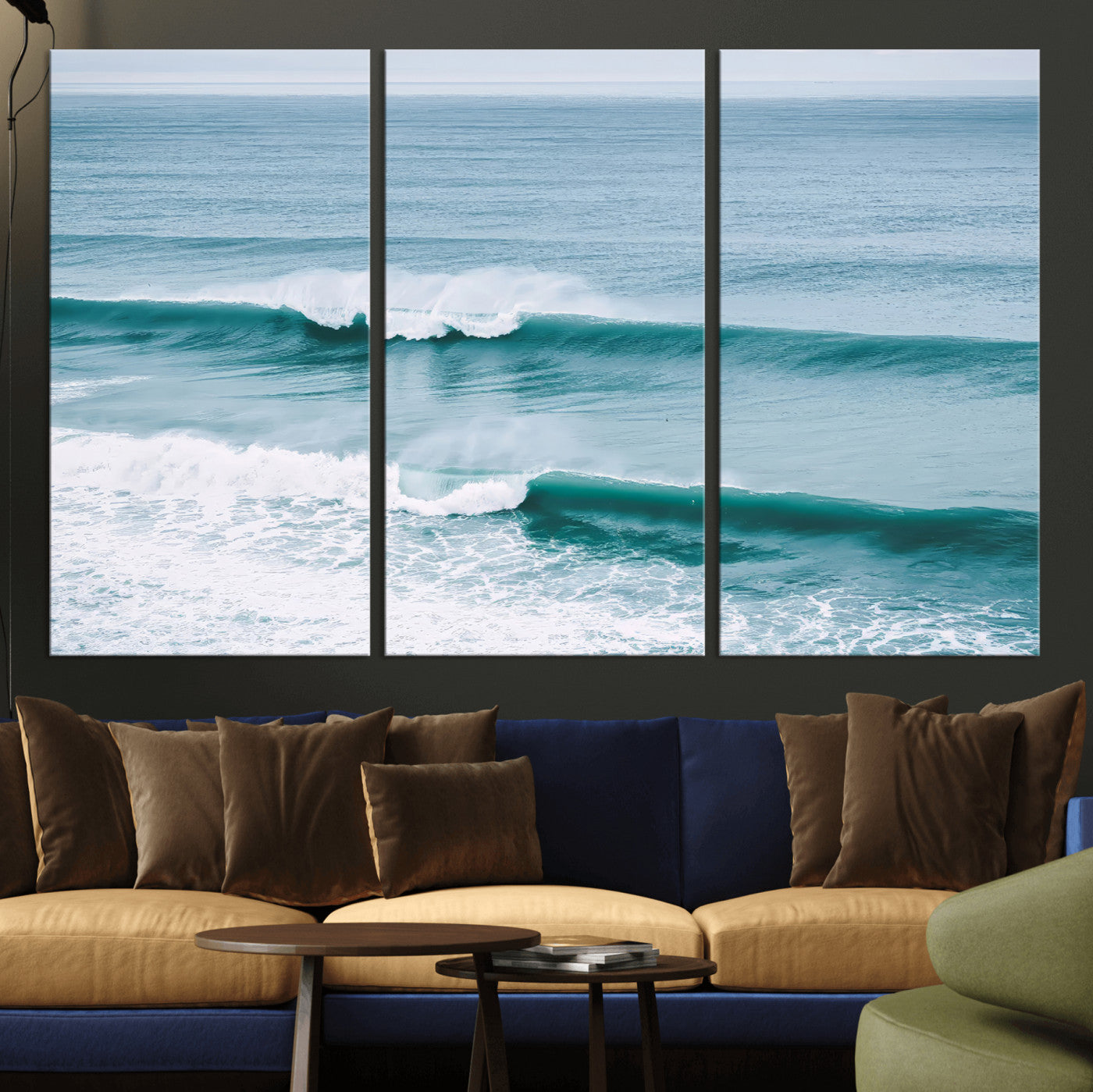 Powerful ocean waves rolling towards the shore, their turquoise hues blending with white sea foam under an open horizon, capturing the essence of the ocean's movement.