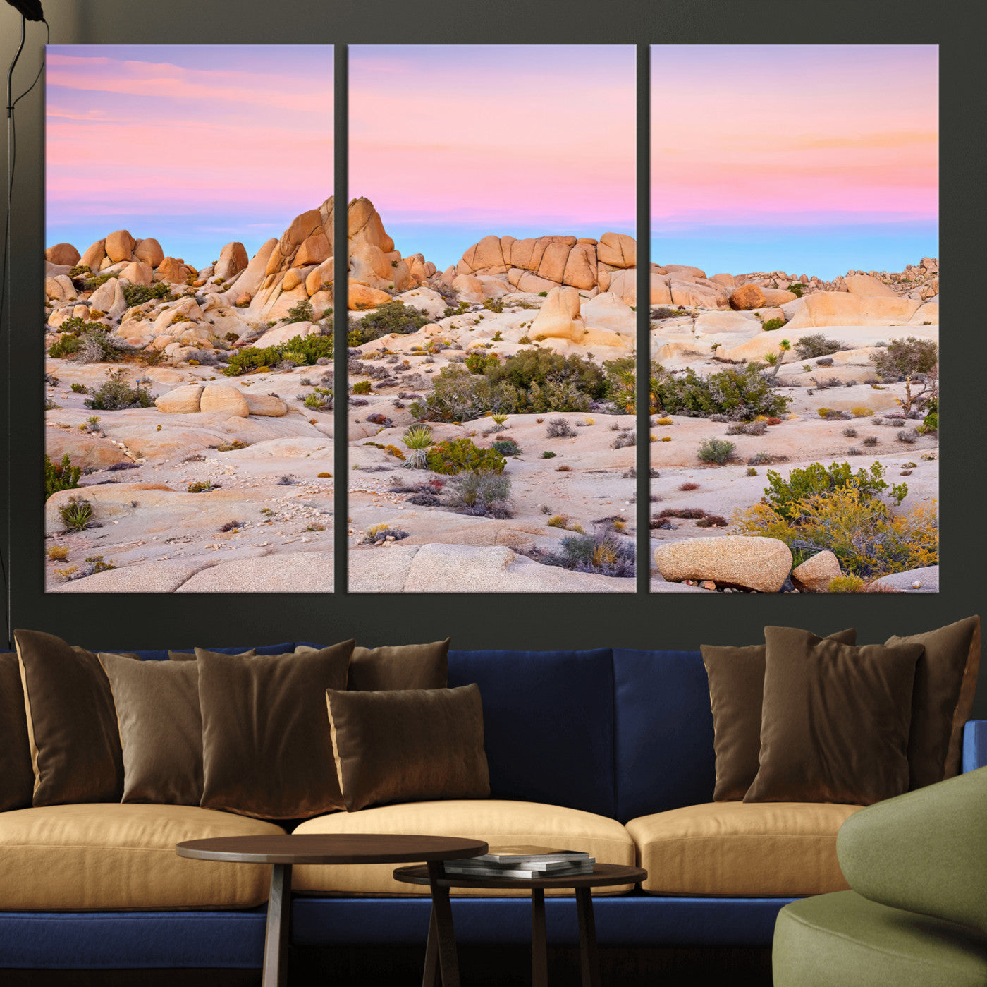 A breathtaking desert landscape featuring rugged rock formations under a vibrant pastel sunset sky, capturing the warmth and serenity of a Southwestern wilderness.