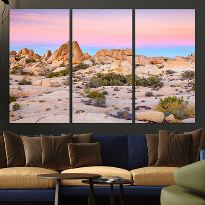 A breathtaking desert landscape featuring rugged rock formations under a vibrant pastel sunset sky, capturing the warmth and serenity of a Southwestern wilderness.