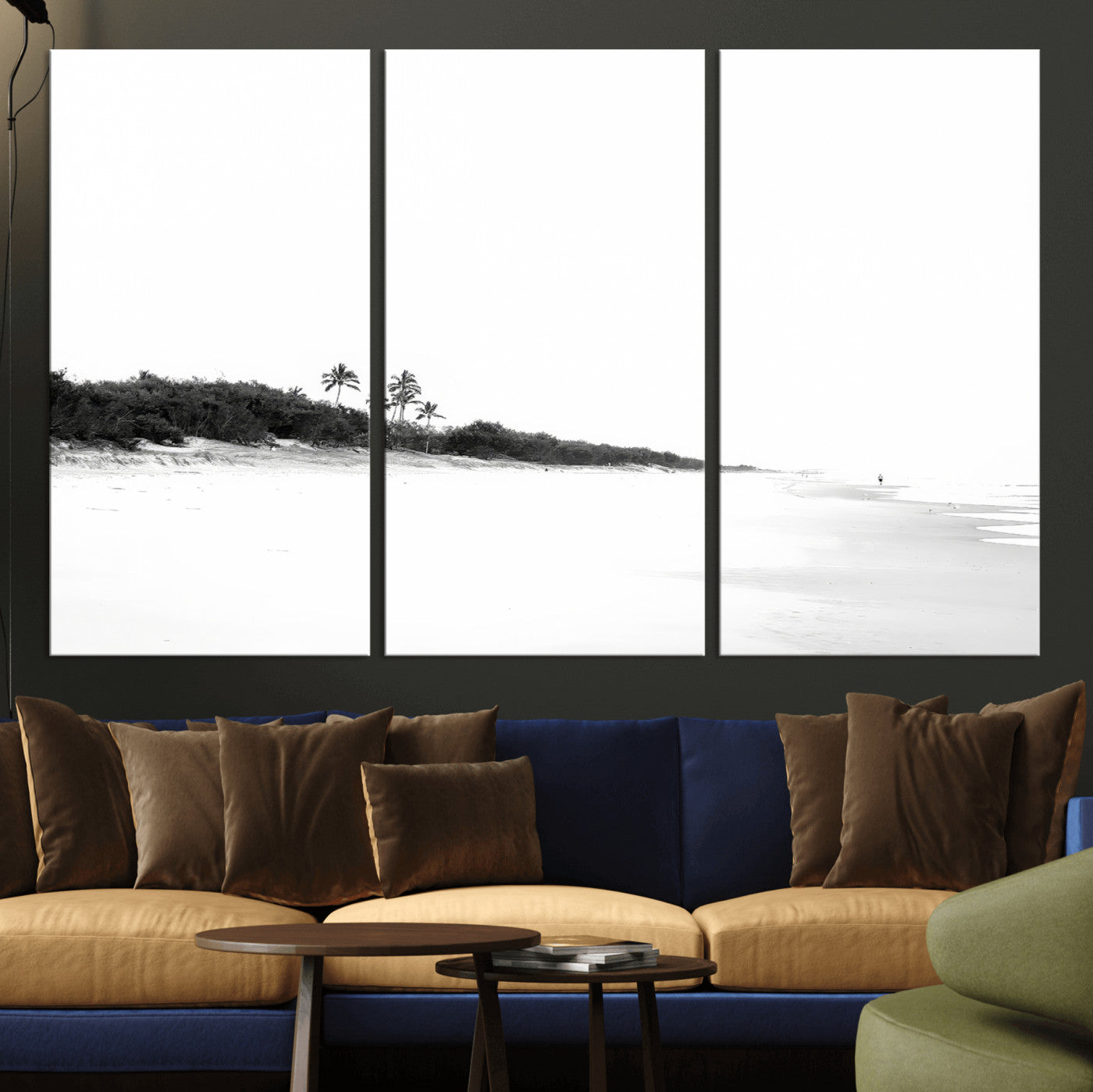 A black and white minimalist coastal scene with a vast open beach, distant palm trees, and a lone figure walking along the shoreline, evoking serenity and solitude.