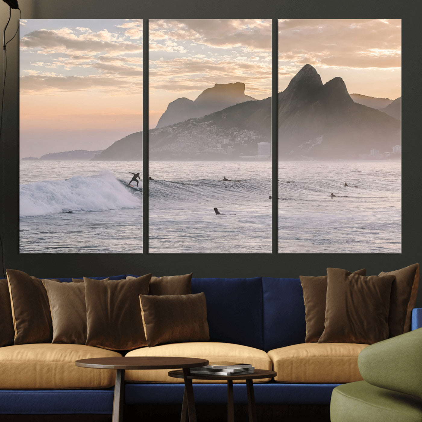 A surfer rides a golden hour wave near misty coastal mountains, surrounded by fellow surfers, capturing the spirit of a coastal adventure.