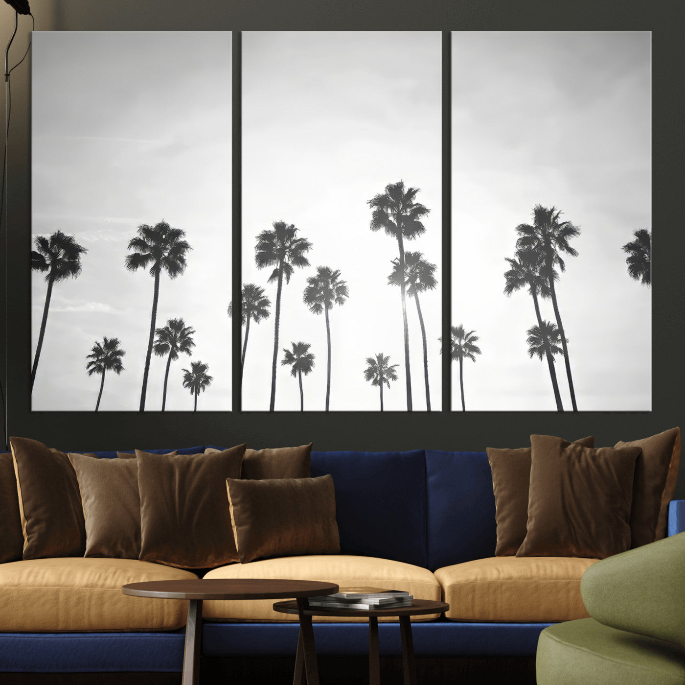 A black and white minimalist scene featuring tall palm trees silhouetted against a bright sky, creating a dreamy and timeless tropical aesthetic.