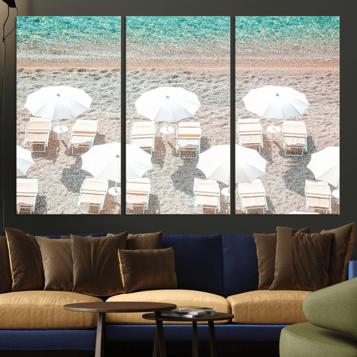 A bright beach scene with white umbrellas, pastel sand, and turquoise waters, creating a tranquil coastal vibe, perfect for beach house or summer decor.