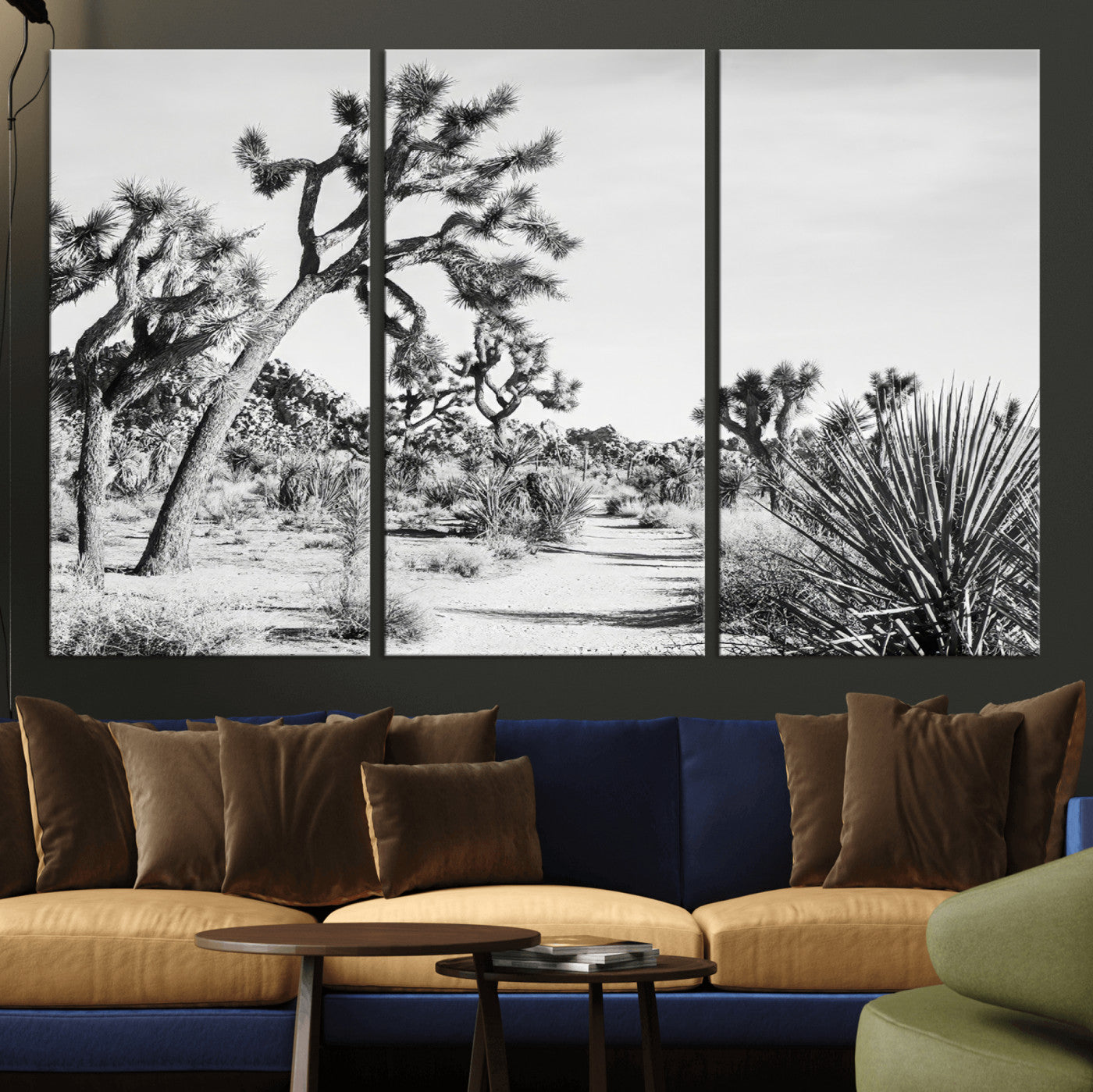 Canvas of a Joshua Tree forest in black and white tones, featuring a desert path and spiky vegetation, ideal for minimalist or rustic decor.