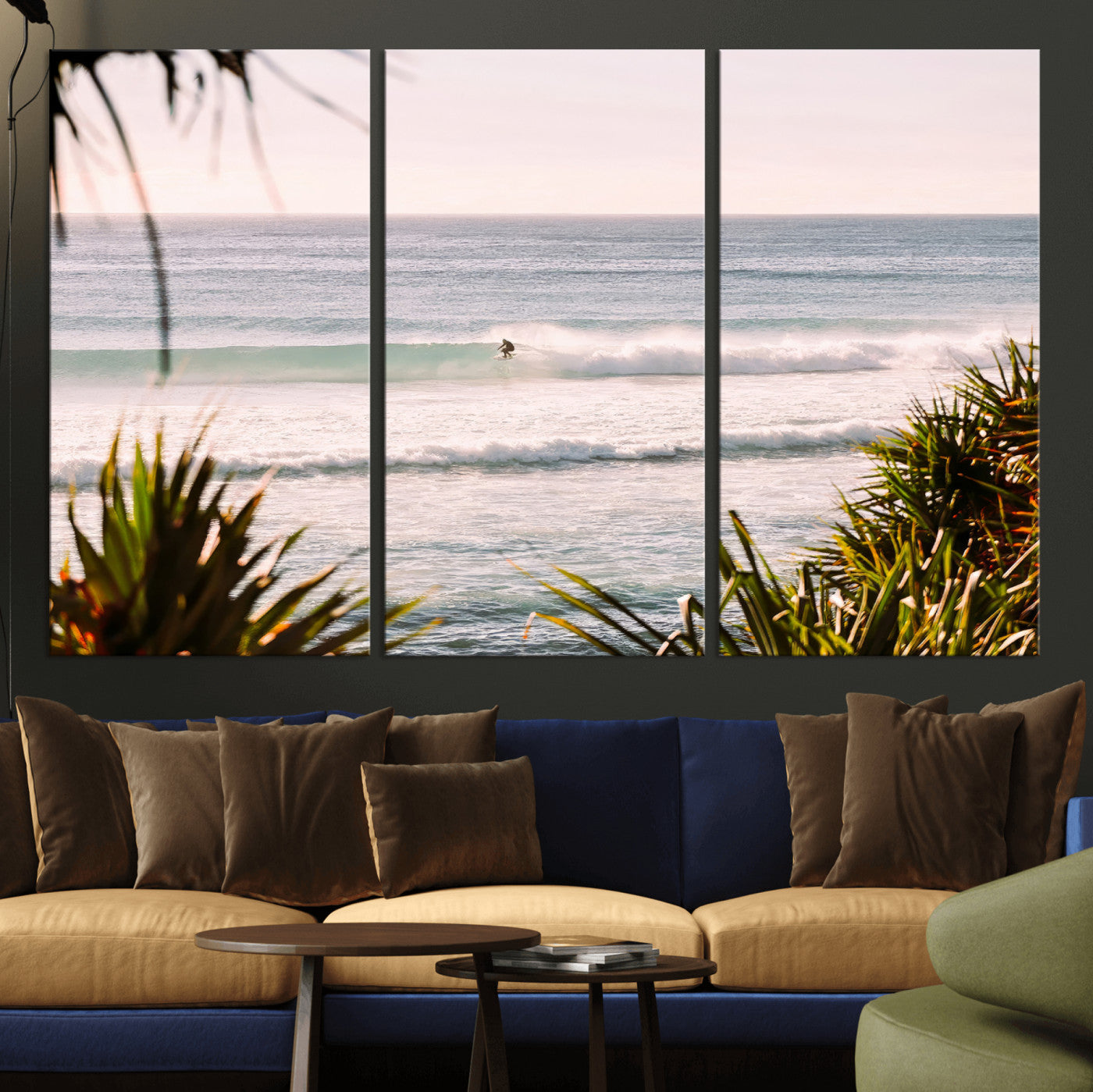 Canvas of a lone surfer riding a pastel wave at sunrise, perfect for tropical or coastal-themed spaces with a relaxed, airy vibe.