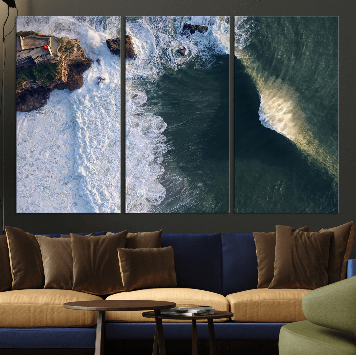 Canvas showing an aerial view of crashing waves along the Nazaré coastline, perfect for dramatic coastal or ocean-themed home decor.