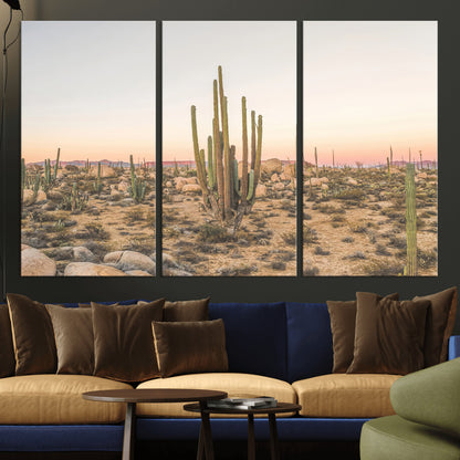 Canvas of tall desert cacti in warm sunset tones over a rocky Baja landscape, ideal for earthy or Southwestern-style home decor.