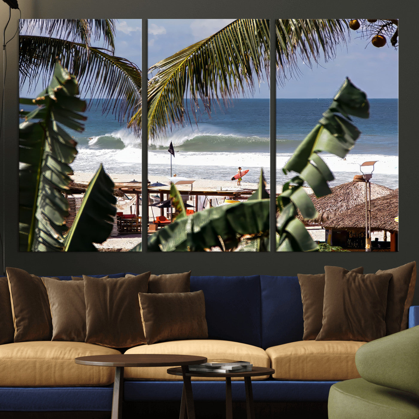 Canvas wall art of a tropical surf scene framed by palm trees, with a surfer on the shore and waves rolling in, ideal for beach-themed decor.