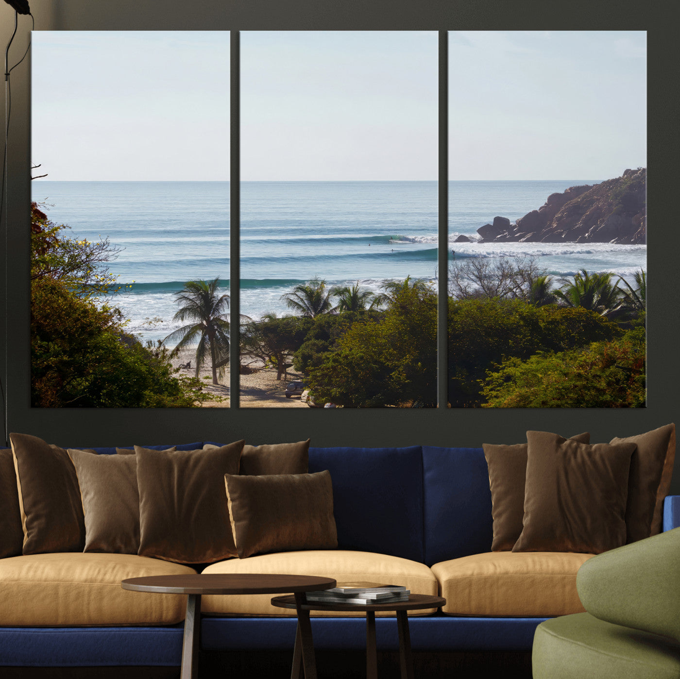 View of calm ocean waves with palm trees and a tropical coastline, ideal for coastal boho or beach-themed wall decor.