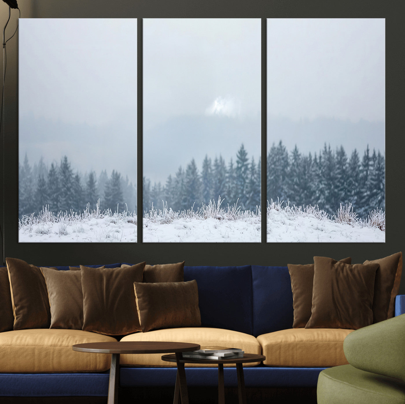 Snow-covered forest under misty sky, soft light breaking through clouds, ideal for minimalist or Nordic-inspired home decor.