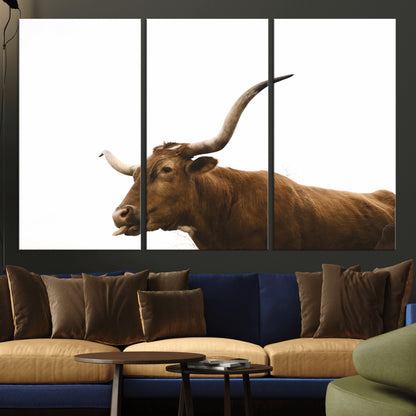 Minimal photo of a longhorn cow with white background, ideal for rustic, western or farmhouse-style interior decor.