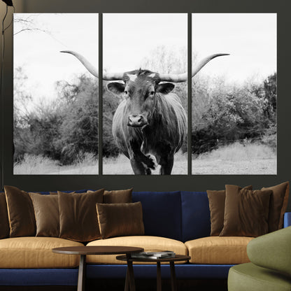 Black and white photo of a longhorn cow in a field, perfect for rustic farmhouse or western-themed interior wall decoration.