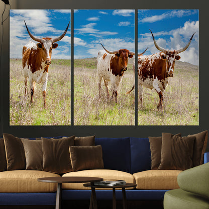 Three Texas longhorn cattle standing in dry grass under a bright blue sky, ideal for farmhouse or western rustic home decor.