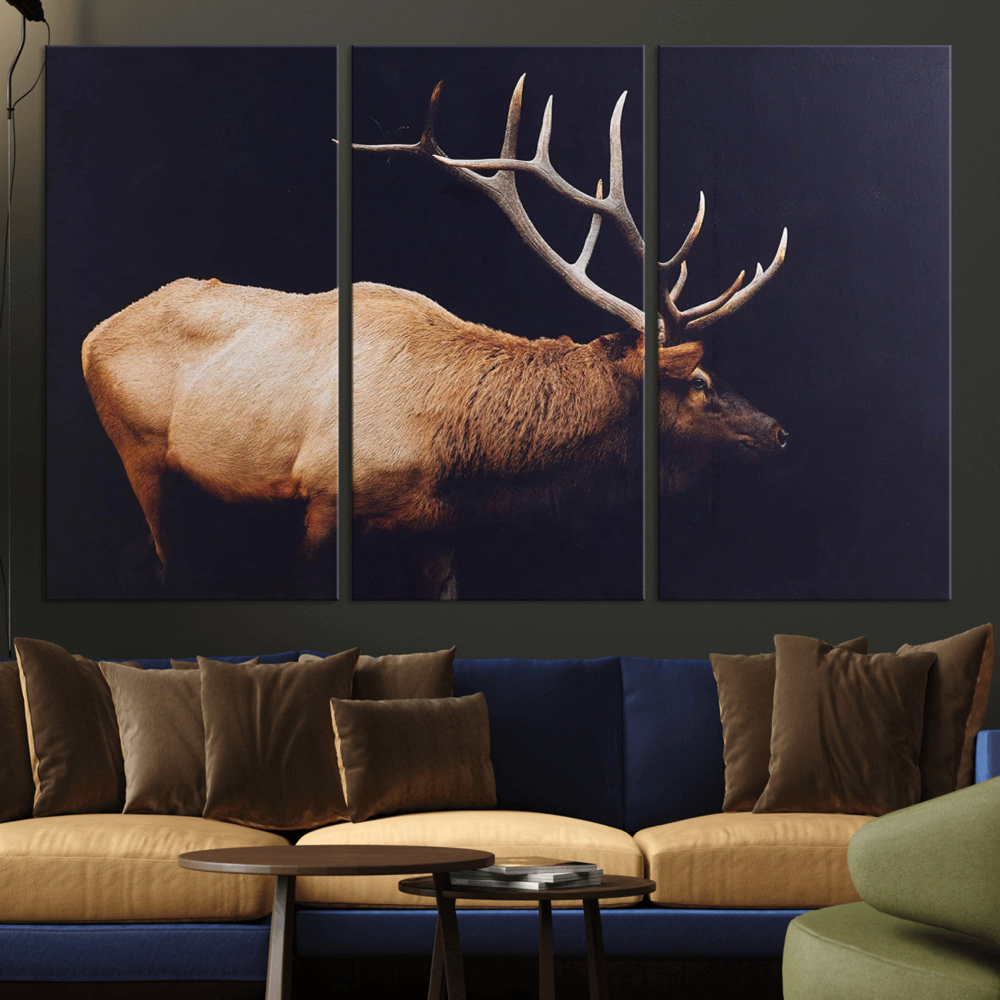 Side view of a majestic elk with large antlers against dark background, perfect for rustic lodge or cabin style home decoration.