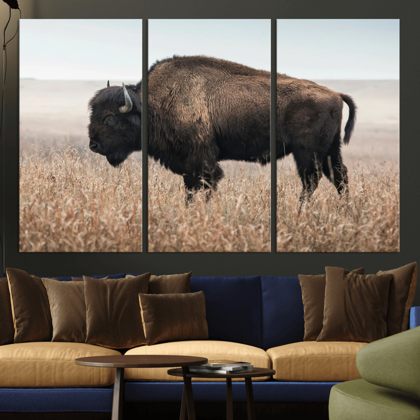 A lone bison stands in a vast prairie under a soft sky, evoking freedom and rustic charm for western or farmhouse inspired interiors.