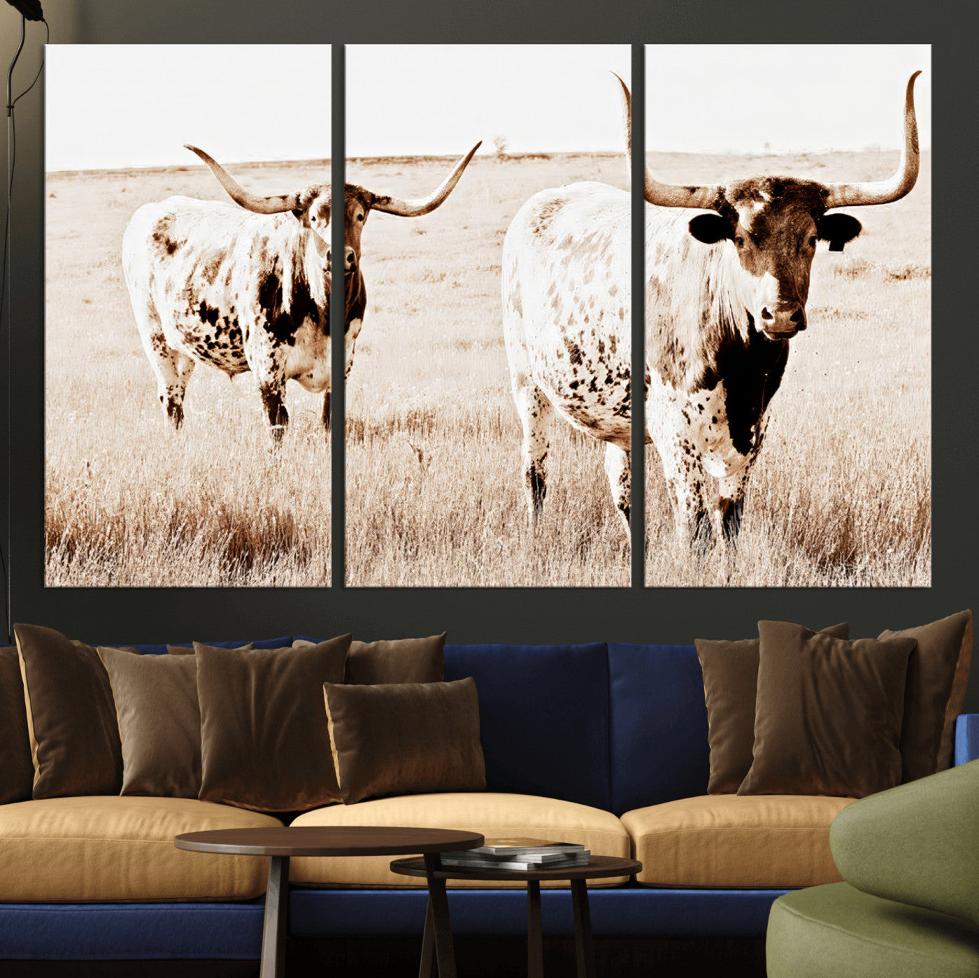 Two Texas longhorn cows standing in a sepia-toned pasture, evoking rustic charm perfect for farmhouse or western country interiors. (