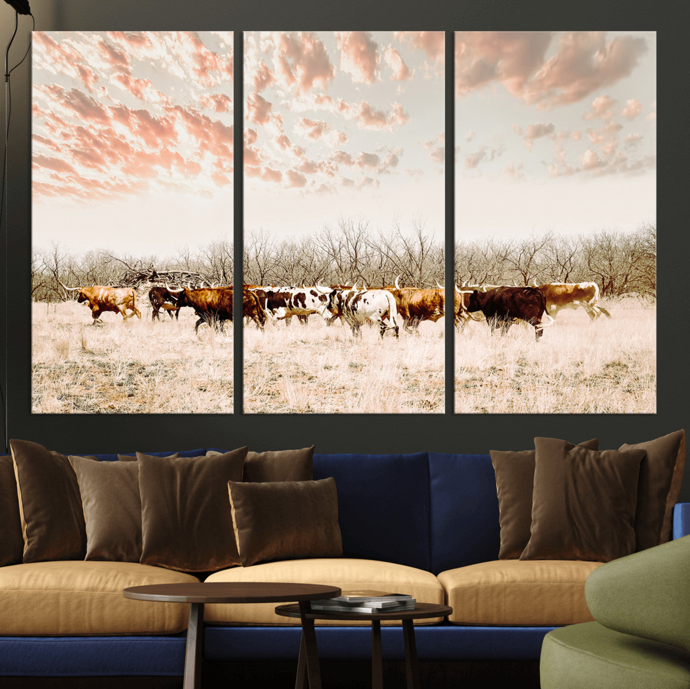 Cattle herd in a soft-toned field under a pastel pink sky, creating a peaceful rustic feel, perfect for farmhouse or western-themed spaces.